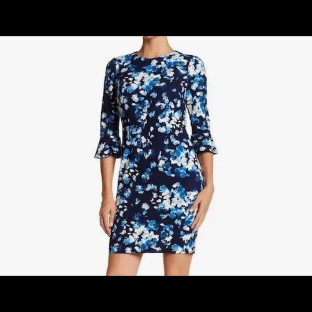Donna Morgan Ruffle Sleeve Back Zip dress s 6 Blue